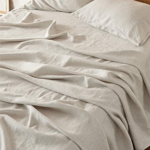 Bedsure Queen Bed Sheets - Cotton Linen Sheet Set, PureWoven Soft, Breathable & Anti - Pilling, Deep Pocket Queen Fitted Bedsheets Up to 16 Inches, 4 Pieces, Linen