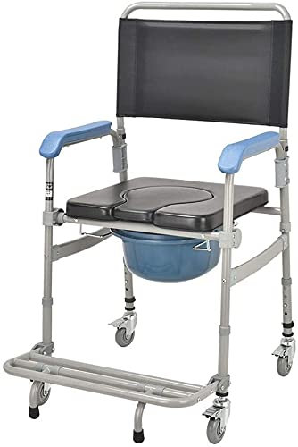 Silla con inodoro, silla de baño 2 en 1 con ruedas, silla de ruedas plegable para ducha con reposabrazos, ruedas traseras con bloqueo, reposapiés y asiento de inodoro de PU de altura ajustable