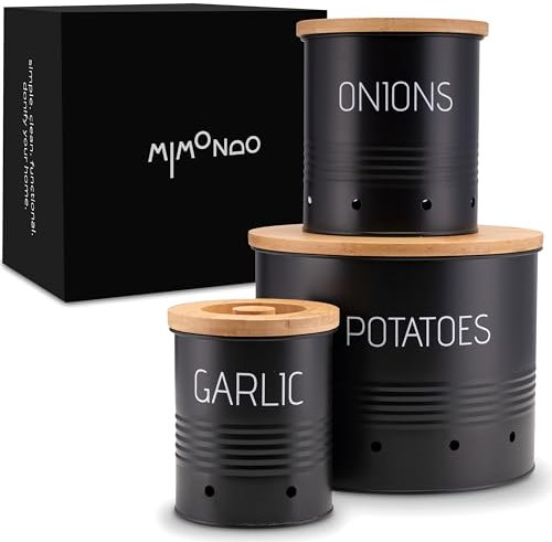 MIMONDO Vorratsbehälter 3er Set I praktische Aufbewahrung von Kartoffeln, Zwiebeln und Knoblauch I längere Frische durch raffiniertes Belüftungssystem I Deckel aus nachhaltigem Bambus