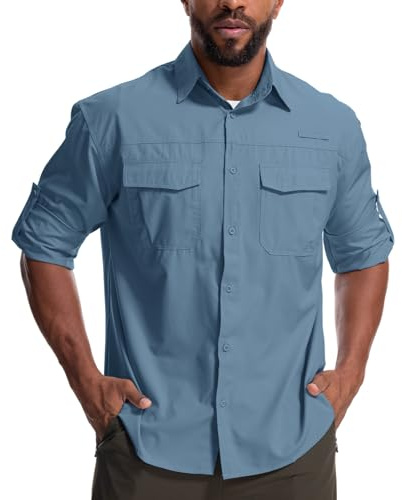 Yenwits Camisa de Exterior para Hombre de Manga Larga, Camisa Safari, Protección UV UPF 50+, Camisa Funcional, Transpirable, de Secado Rápido, Camisa Casual para Senderismo, Pesca, Trekking, azul