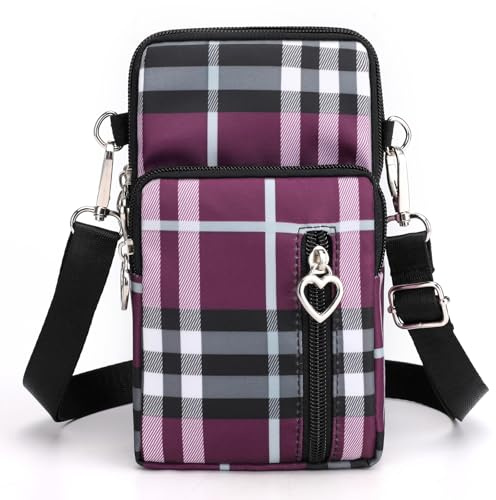 DuoLmi Small Crossbody Bags for Women, Universal Pouch Wallet Cell Phone Purse Lightweight Pockets Handbags Mini Shoulder Bag, 011 Purple Grid, L