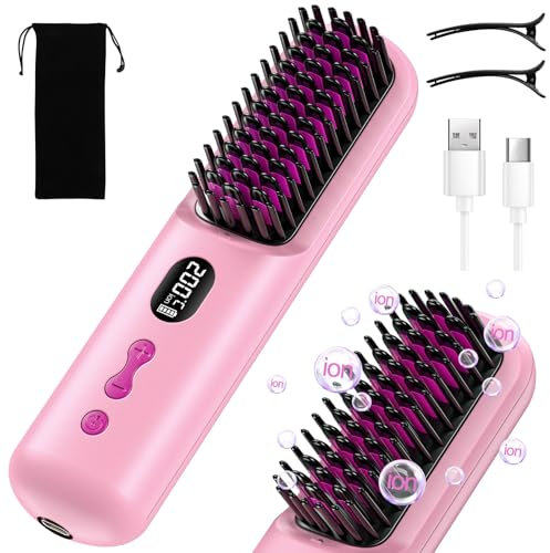 HOMELYLIFE Cordless Hair Straightener Brush, Portable Hair Straightener Brush for Travel, Negative Ion 9600mAh USB Rechargeable Heated Straightening Brush Hot Comb for Women Beard Straightener for Men