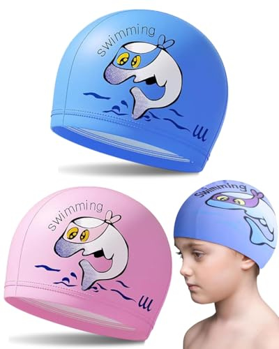 BPTRKOM 2 pièces Bonnet de Bain en Silicone pour Enfants - Garçons et Filles - Qualité Supérieure, Confortable et Extensible - (bleu+rose)