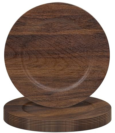 JEVERGN 10 Pack Farmhouse Charger Plates, 13'' Faux Wood Chargers for Dinner Plates, Brown Plate Chargers Set of 10, Round Plastic Charger for Wedding, Party Event, Dinner, Table Setting
