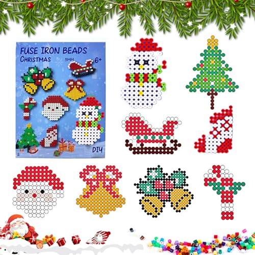 SPERMUOY Juego de perlas para planchar, perlas de Navidad, 5 mm, perlas para planchar de Navidad con 16 patrones, juego de cuentas para planchar, manualidades para niños, regalo de Navidad