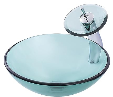 PUFAHAU Lavandino Rotondo per Bagno, sopra Il Piano, Lavabo in Vetro Trasparente da 17 Pollici, Lavabo per Mobile da Bagno con Rubinetto E Scarico A Scomparsa, BB(Un)