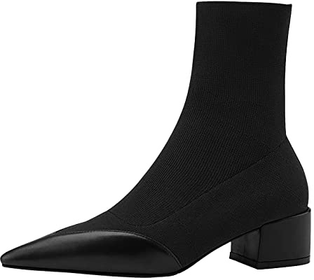 Botas De Mujer Con Pantorrilla Ancha,Botines Cortos Mujer Con Tacón,Calcetines Elásticos De Encaje Sólido Botas Pies De Talón Gruesos Tacón Bloque Transpirable Zapatos De Mujer, Negro , 38 EU