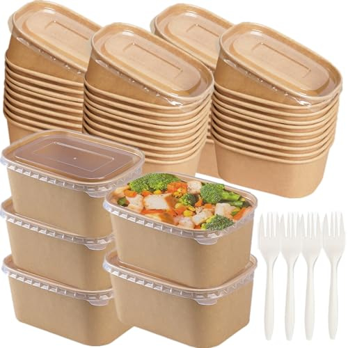 LyyGuanYoo 50 Pack Disposable Kraft Paper Bowls with Lids, 33 OZ Meal Prep Container, Microwave Freezer Safe Salad Bowls with Forks for Hot/Cold Food, Soup, Ice Cream, Takeout, Party Supplies