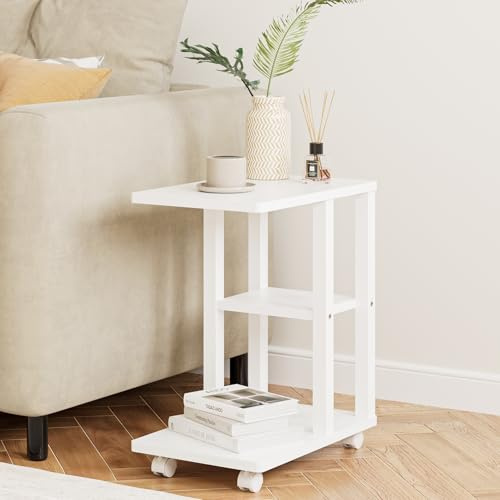Apetaccat Side Table on Wheels, C-Form Sofa Table, Narrow Side Table, Wood Coffee Tables,Small End Tables Bedside for Living Room, Bedroom,White