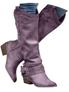 Botas vaqueras para mujer, botas altas hasta la rodilla extra anchas para mujer, botas vaqueras de tacón grueso, botas Chelsea de moda, botines de cuero vintage con tacón de bloque, cómodos botines