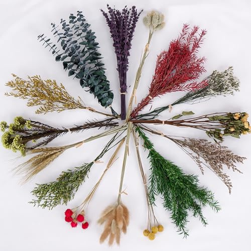 15 Kind Natural DIY Dried Flowers Set - 110Pcs Preserved Floral Bouquet with 12 Lavender, Eucalyptus, Bunny Tails, Dried Roses for Home Decor, Wedding, Gift Crafts, Vase, Handmade Flower Arrangement