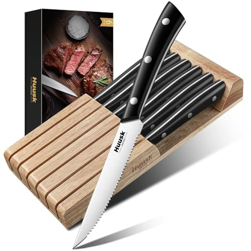 Huusk Steak Knives Set of 6 with Block, Sharp Serrated Steak Knives with Full Tang Handle, Japanese Stainless Steel Stake Knife Set with Drawer Organizer for Kitchen Dinner Table, Gifts for Men Women