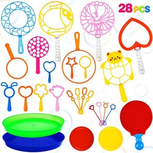 SZCECHRE 28 Pcs Big Bubble Wand Bulk Set for Summer Outdoor Games Activities Party Favors Birthday Supplies, Big Bubble Maker with Tray