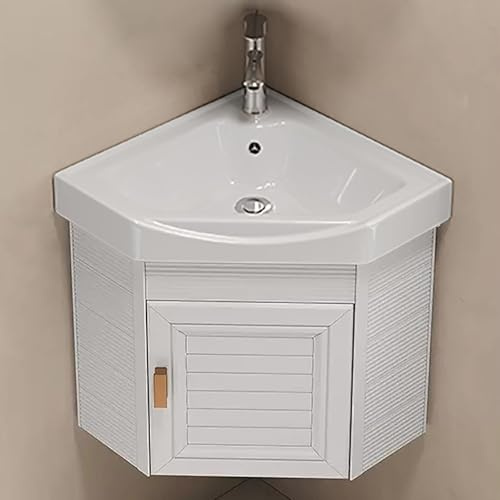 Lavandino angolare da bagno con mobiletto sospeso a parete e contenitore portaoggetti