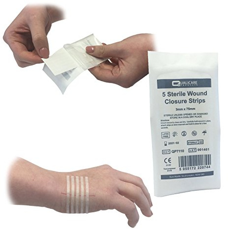 Qualicare Lot de 25 bandes (5 paquets) adhésives hypoallergéniques et stériles, 3 x 75 mm, pour sutures et traitement des plaies