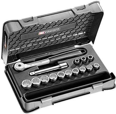 Facom - 1/2-inch Socket Set with 12 Metric Sides, 15 Pieces - S.151-1P12 - Socket Box - Mechanical Tools - 1 Ratchet, 13 sockets, 1 Extension 1 Pictogram Board, 1 Box and 1 Tray