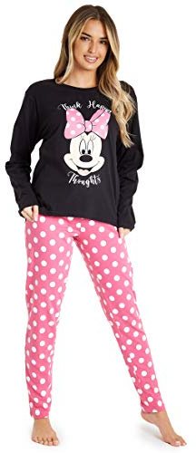 Disney Pigiama Donna - Pigiama Donna Cotone Lungo in Cotone S-XL Pigiami Due Pezzi Stitch Minnie IH Oh - Regali Donna (Nero/Rosa Minnie, S)