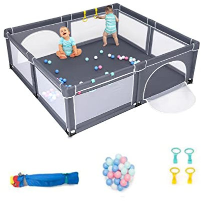 COSTWAY Parque Infantil Bebe,206x185,5x68cm, Corralito Bebe con 2 Puertas, Centro Actividad Portátil con Redes Transpirables y Ventosas Antideslizantes, 50 Bolas y 4 Anillos (gris oscuro)