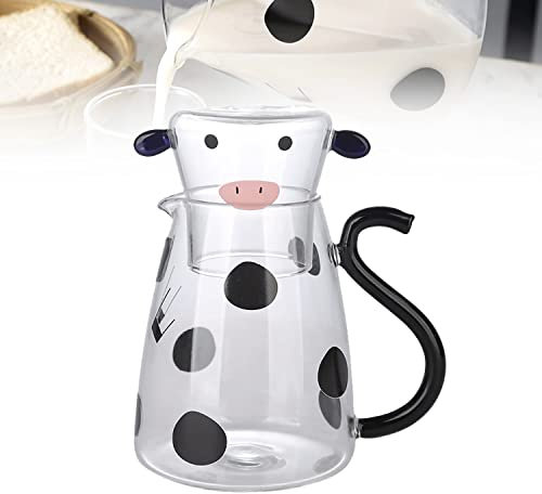 Cow Glass Water Pitcher with Glass Cup, Cow Carafe Set, Cute Cow Glass Pitcher, Cow Pitcher with Cup, Bedside Water Carafe and Glass Set, Cow Water Bottle for Milk Coffee Fruit Tea, 1800ML