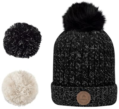 CABAIA - Bonnet Femme et Homme avec 3 Pompons Interchangeables - Design Français - Systéme aimantée pour Un Ajustement Adapté - Collection Hiver - Modele Royal Mojito Noir