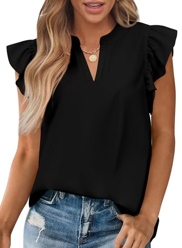 Zenlonr Womens Summer Tops 2025 Casual V Neck Ruffle Cap Sleeve Blouse Shirts Solid Color Tunic Tops(Black,Medium)