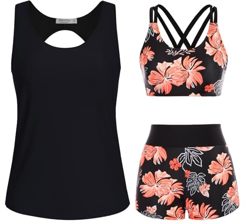 JASAMBAC Tankini de 3 piezas para mujer, cintura alta, push up y pantalones cortos de baño de cintura alta, traje de baño simple, traje de baño deportivo para mujer, traje de baño para piscina, playa
