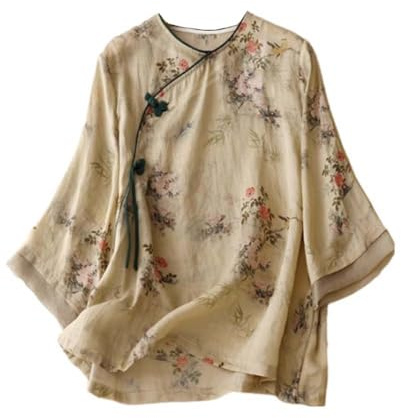 Estate Hanfu Cotton-Ramie Camicetta Allentata Manica 3/4 Vestiti Cinesi con Bottone Rana Cinese Top A10, Multicolore, L