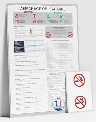 Affichage Obligatoire Entreprise 2026 : Kit de Mise en Conformité Code du Travail, Format A3 Plastifié Résistant et Effaçable pour TPE/PME et 2 Autocollants interdit de fumer - Fabriqué en France