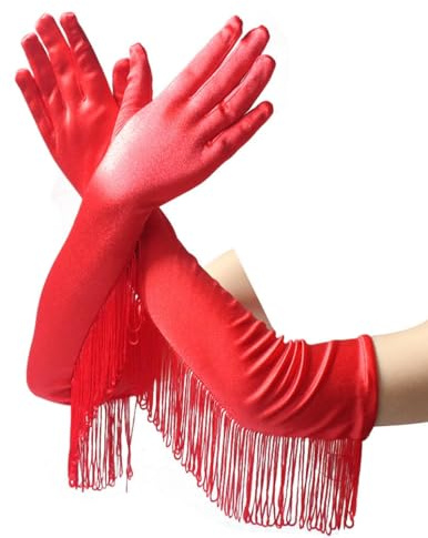 krautwear Guanti da sera lunghi da donna in raso con frange (49 cm) - rosso/nero/bianco, Colore: rosso, Taglia unica