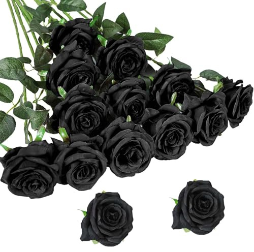 EnixwH 12 Rosas Artificiales Realistas De Tallo Largo, Ramos De Flores Artificiales, Flores Artificiales Decoracion para Decoración De Bodas, Decoración De Fiestas, Decoración del Hogar (Negro)