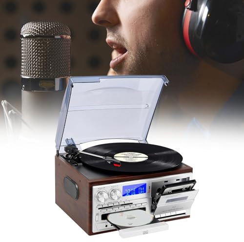 QFGain Record Player Turntable with CD, FM Radio, U Disk, SD Card Support, Belt-Driven, Automatic Back Arm - Multimedia Vinyl Players, Portable Phonograph, Built-In Stereo Speakers,Silver
