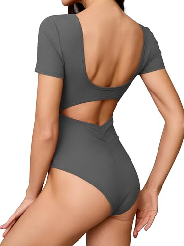 Missufe Body estivo da donna, con schiena scoperta, a maniche corte, scollo quadrato, a maglia, attillato, grigio., M