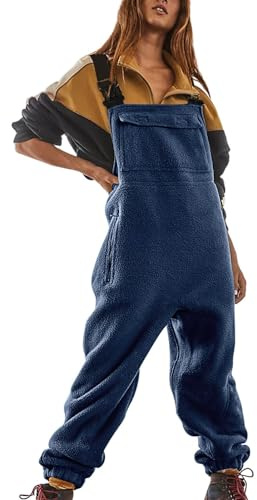 Women's Fleece Dungarees Loose Fit Adjustable Straps Solid Overalls with Pockets Thermal Long Jumpsuit Playsuit Trousers Winter Comfy Dungarees Women Bib Overalls for Women Oversized Dungarees Blue