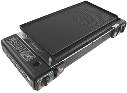 Hornillo de gas 2 en 1, 2 fuegos con parrilla, hornillo de gas de camping con plancha + parrilla, hornillo de gas para camping, viajes, senderismo y cocina al aire libre