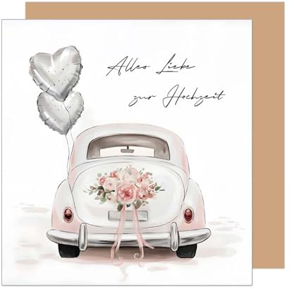 Edition Seidel Premium fyrkantigt gratulationskort för bröllop med kuvert. Bröllopskort gratulationskort gift 'Just Married' oldtimer ballonger hjärta (HQ121 SW025)