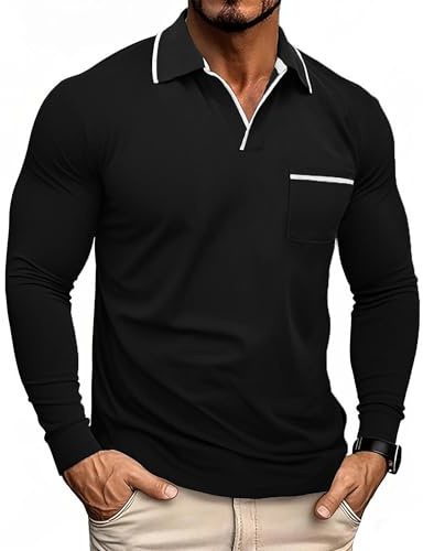 PRIVIMIX Polo Homme Manches Longues avec Poche - V-Ausschnitt Tshirt Manche Longue pour Travail et Sport, Noir, 3XL
