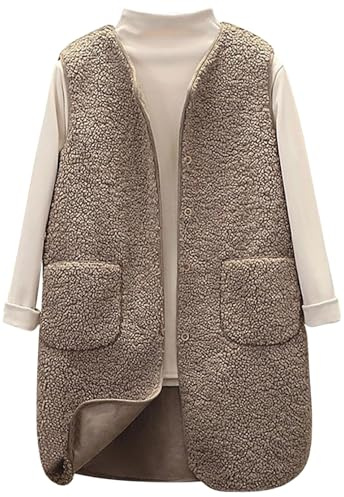 Joligiao Chaleco Mujer Invierno Chaleco largo de Forro Polar Suave Chaqueta sin Mangas con Bolsillos Botones Abrigo sin Mangas Color Sólido Cárdigan Otoño Chalecos acolchado Jacket con Cuello En V