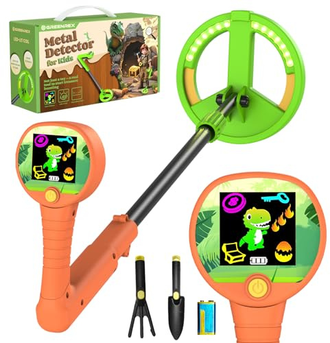 Greenrex Metalldetektor Kinder, Für Kinder von 3–12 Jahren, 6CM HD LCD Display, Ton & Lichtsignale, 59–82CM höhenverstellbar, 10CM Präzision, 470g leicht, lehrreiches Outdoor-Set