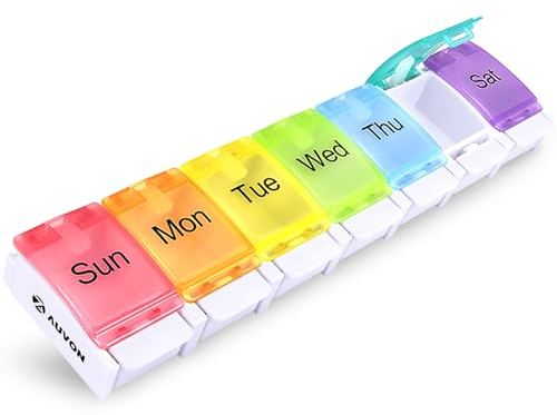 AUVON Pill Box, Travel Pill Organiser 7 Day with Spring Open Design, BPA Free Tablet Organiser to Hold Vitamins, Cod Liver Oil, Supplements and Medication - Arthritis Friendly