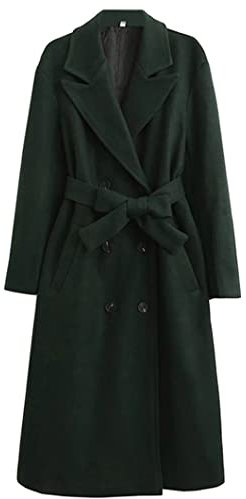 Damen Casual Overcoat Herbst Winter zweireihig Mittellanger Steppmantel mit Gürtel, lose Jacke, Dunkelgrün