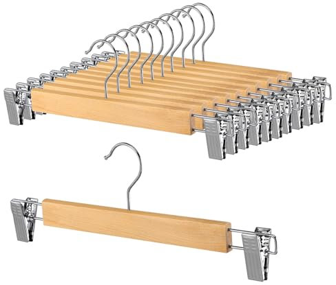 34cm Natural Wooden Pants Hangers,10pcs Heavy Duty Wood Trouser Hangers,Skirt Hanger Organizer with Adjustable Anti-Slip Chrome Clips, Space Saving Solid Clothes Hangers (10Pack)