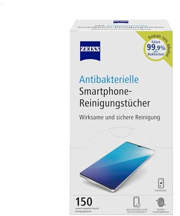 ZEISS antibakterielle Smartphone-Reinigungstücher 150 Stück - schnell trocknende Rezeptur - entfernt Bakterien, Fingerabdrücke, Schmutz, Staub & Fett - jedes Tuch einzeln verpackt