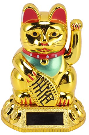 Chinese Lucky Cat Decoration Lucky Fortune Cat Waving Arm Solar Light Induction Statue Figurine For Home Car Ornaments (Golden)