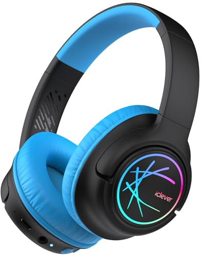 iClever Bluetooth kopfhörer Kinder mit LED-Leuchten, 74/85dBA Lautstärkebegrenzung, 43 Stunden Spielzeit, Stereo-Sound, Typ-C, AUX-Kabel, Bluetooth5.3 Kinderkopfhörer für Tablet/Reisen