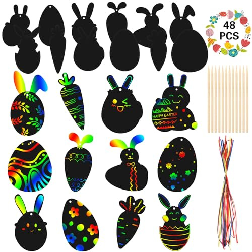 Aoriher 48 Fogli Neri da Grattare per Bambini Immagini da Grattare di Pasqua con 48 Nastri e 24 Strumenti da Grattare Carta Arcobaleno da Grattare Set di Scratch Art Fai-da-Te con Uova di Coniglio