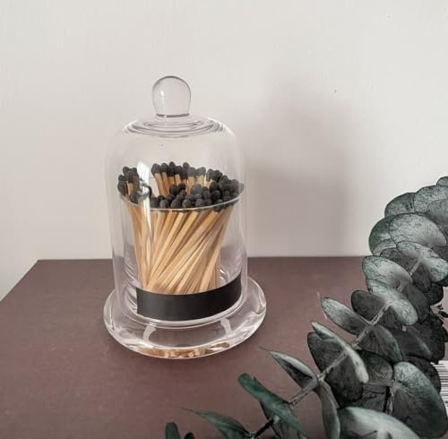 Mabel & Ivy Black Tip Matches in a plain Glass Dome Cloche Bell Jar - Candle Care home Decor