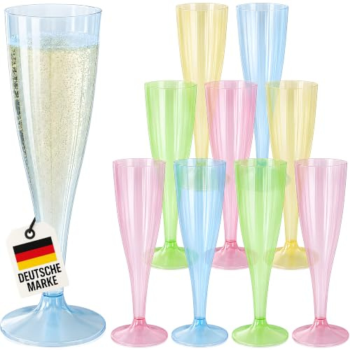 WELLGRO Set med 120 champagneglas 150 ml i färgat, genomskinligt, obrukbart plast, utan BPA, återanvändbart, champagneglas, champagneglas, glas, Antal: 120 st