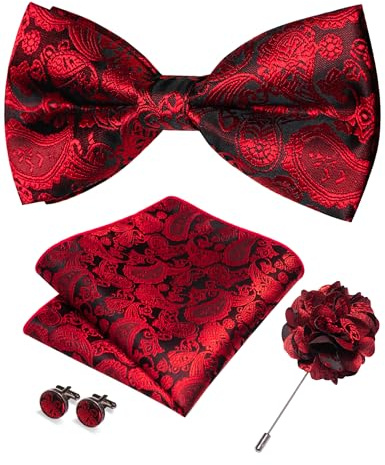 JEMYGINS Red Paisley Bow Tie Pre-tied Bowtie and Pocket Square Cufflinks Lapel Pin Sets for Men(2)