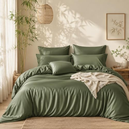 Lanqinglv Juego de ropa de cama de 200 x 200 cm de 100 % bambú Lyocell, color verde mako satén, refrescante con cremallera, certificado Öko-Tex, funda nórdica de lujo lisa de 200 x 200 cm y 2 fundas