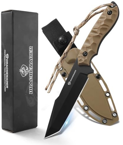 DRACHENADER B-ER-TANTO POINT Couteau fixe, lame 13 cm, acier 5Cr14MoV Couteau Tanto, couteau de survie outdoor avec étui Kydex, lame noire